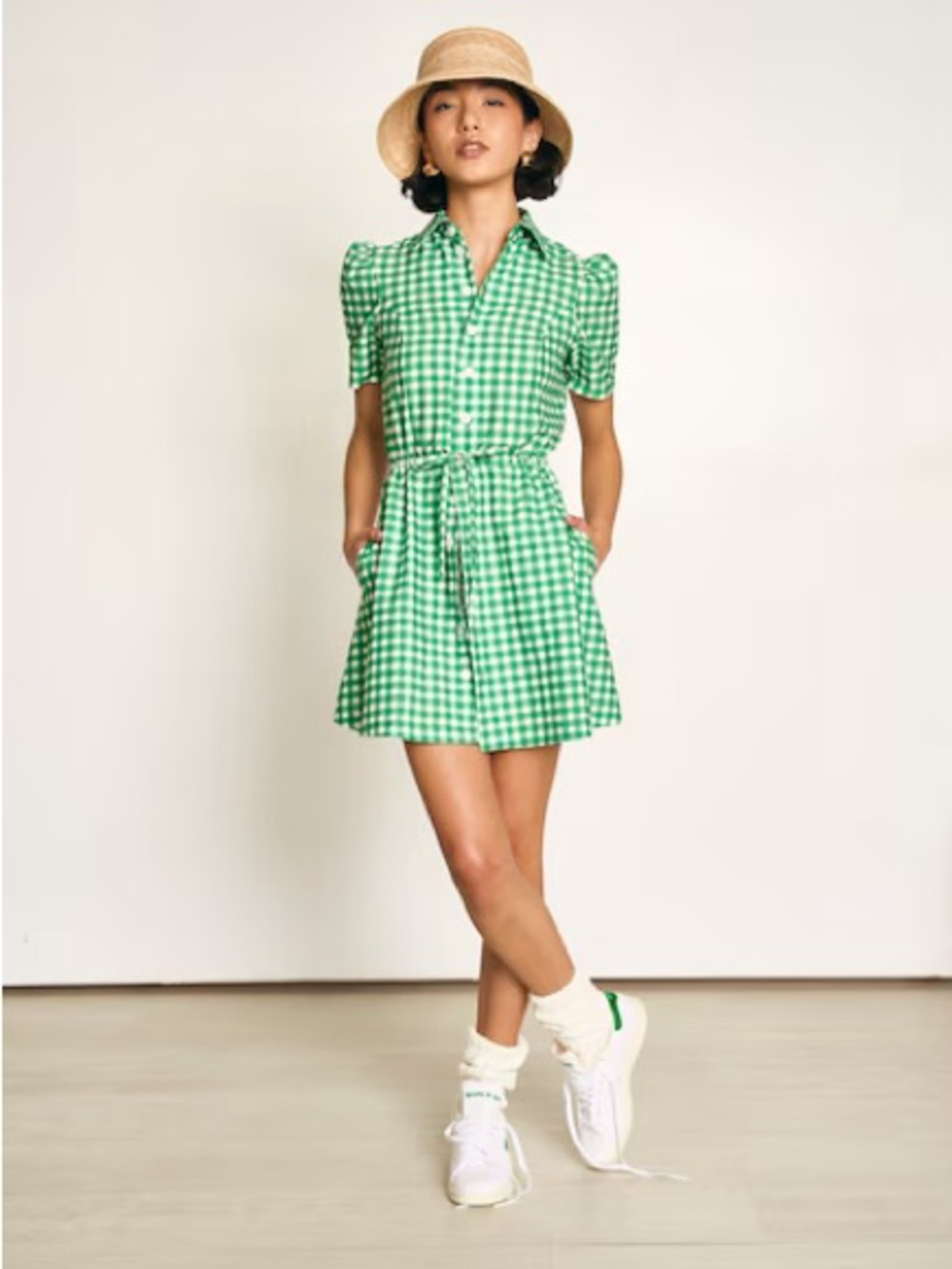 Byrdie Golf Hayden Green Gingham Shirt Dress with Tie Waist XL